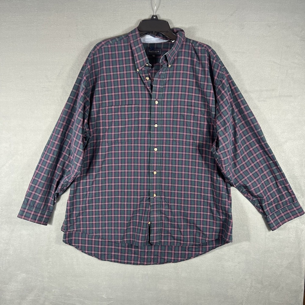 Van Heusen Men's XL XG Wrinkle Free Plaid Button Down Shirt Long Sleeve Navy